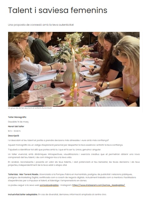 Cartel del taller 'Talent i saviesa femenins' en Vic